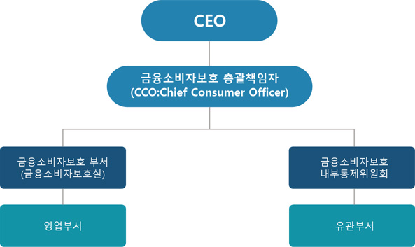 소비자보호조직은 대표이사 밑에 금융소비자보호 총괄책임자(CCO:Chief Consumer Officer)가 있고  금융소비자보호 총괄책임자 밑에 금융소비자보호 부서(준법지원단)와 금융소비자보호협의회가 있습니다. 그리고 각각 영업부서와 유관부서를 가지고 있습니다.